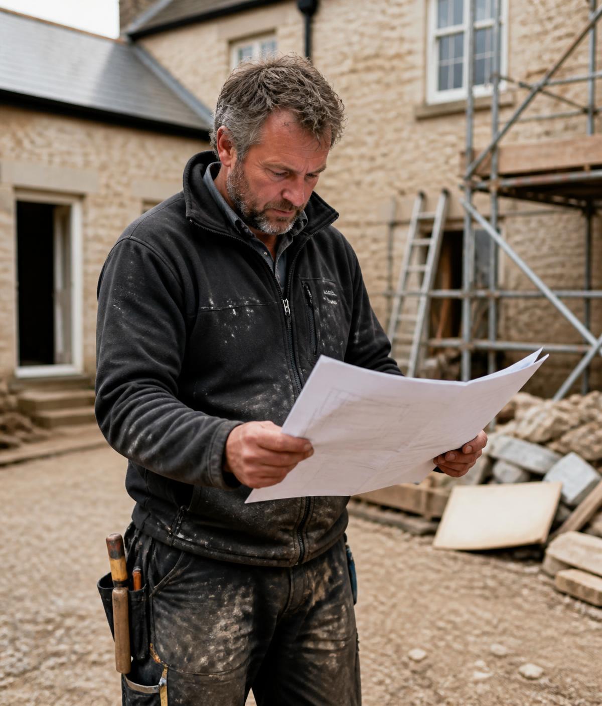 Experienced builder from Ribble Valley Construction reviewing plans on site